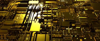 Altın soyut anakart. Donanım için 3D görüntüleme bloklarından ve şarjörlerden oluşan siber yüzey. Küresel ağa bağlı fantastik metropolün teknolojik sanatı