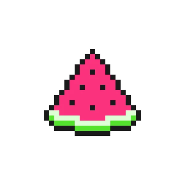 種子とピクセル化スイカのスライス 赤ジューシーな果実と緑の皮 デザインと8Bitベクトルゲームのための甘いベリーをスライス — ストックベクタ