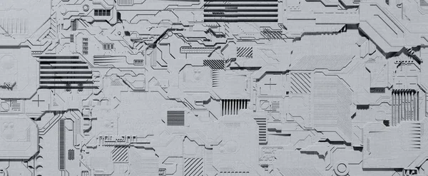 White electronic panel circuit board background. Futuristic wall covered with 3d render chips and cooling radiators. Techno device for entrance activation and protection