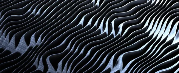 Wavy abstract stripes with metallic gradient background. Futuristic 3d render aluminum warp waves black and white striped color. Textured ripples with transitions and elegant steel tracery