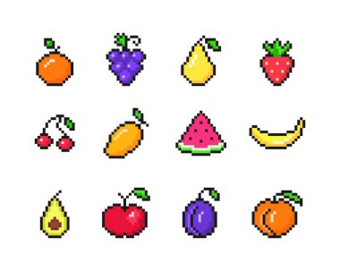 Tropik pikselli meyve seti. Kırmızı çilek ve mavi erikli sade olgun muz. 8bit tasarım için kırmızı elma ve kirazlı sarı tatlı mango.