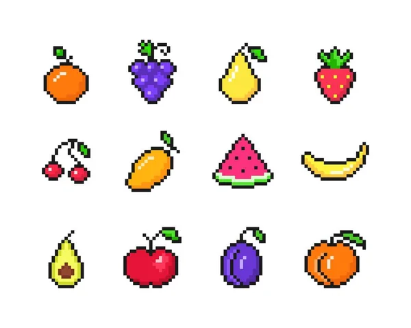 Tropical Pixel Fruits Set Simple Ripe Banana Red Strawberries Blue — Stock vektor