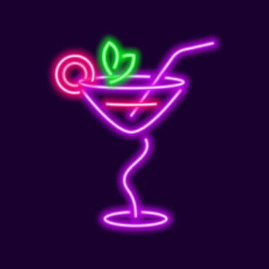 Kavisli neon kokteyli. Yeşil nane yapraklı parlayan margarita bardağı ve samanlı bir dilim greyfurt. Kremalı vektör çekirge aromalı popüler fiz maritini.