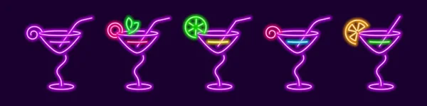 Purple Cocktails Neon Martini Glasses Curved Stem Knickerborker Lime Wedge — 스톡 벡터