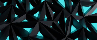 Black crystal lattice with blue glow background. Abstract polygonal graphite structure with 3d render geometric triangular illumination. Futuristic nanodesign of tight junctions