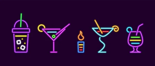 Neon Linear Cocktails Drinks Glass Lemonade Ice Cubes Flaming Tincture —  Vetores de Stock