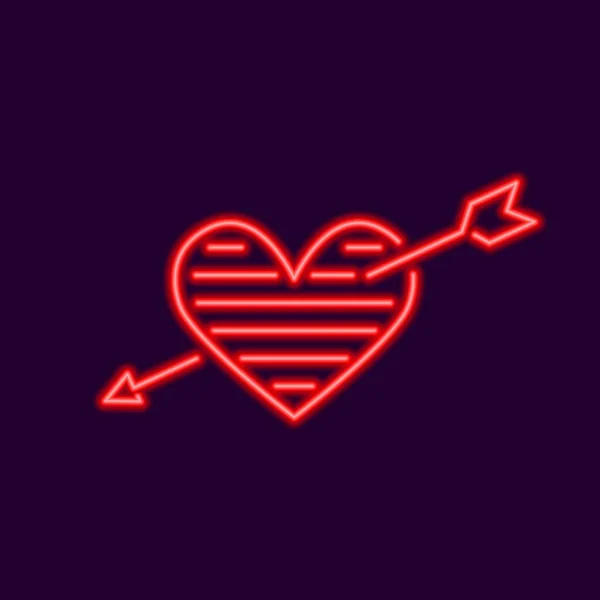 Oklu Kırmızı Neon Kalp Aşk Okuyla Delinmiş Çizgilerle Parlayan Romantik — Stok Vektör