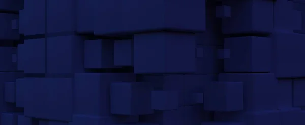 Dark blue cubes in abstract structure background. Geometric volumetric squares in 3d render digital architectural. Elements of futuristic data transfer and cluster elements