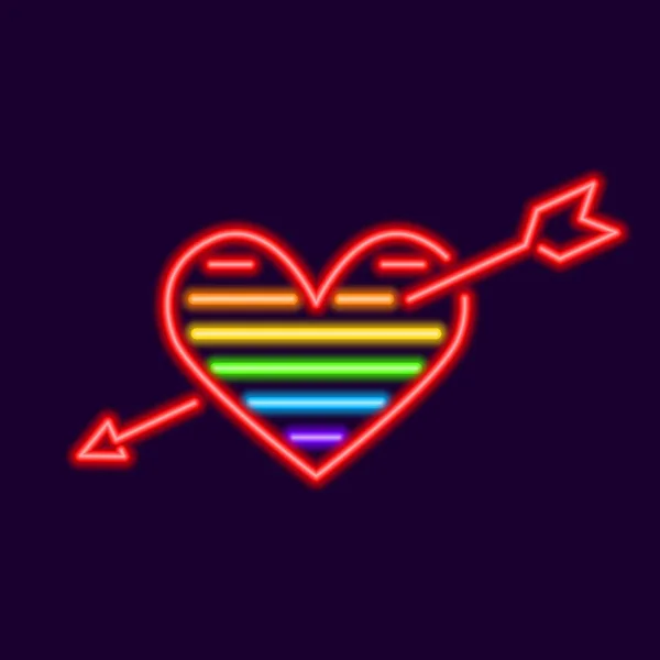 Neon Regenboog Hart Met Pijl Symbool Van Vrije Liefde Gloeiende — Stockvector