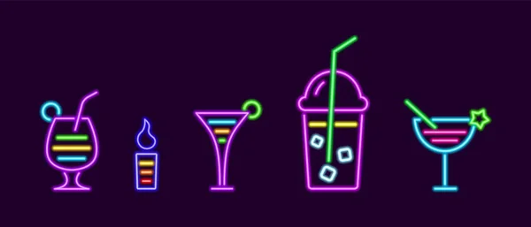 Linear Cocktails Neon Drinks Glass Lemonade Ice Cubes Flaming Tincture — Vector de stock