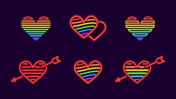 Gökkuşağı Neon Kalpleri Seti Özgür Aşkın Çizgilerle Parlayan Romantik Sembolü — Stok Vektör