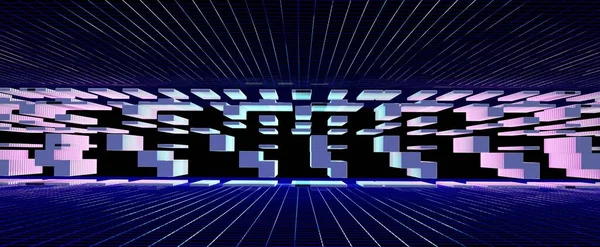 Neon Mesh Cyberspace Geometric Shapes Background Virtual Hyperjump Digital Render — Stock Fotó