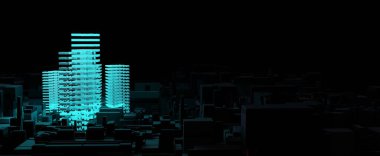 Digital skyscraper in dark city circuit board background. Cyber building with blue neon glow in 3d render night abstract metropolis Fantastic web server processing virtual data