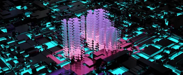 Cyber neon skyscraper in virtual city background. Purple digital building in center 3d render of futuristic glowing street intersection. Web server that processes data in online space