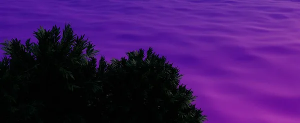 Evening purple sea with green trees background. Tropical landscape with glowing waves at 3d render sunset and lush vegetation. Colorful reflections of sunrise on natural oceanic beach