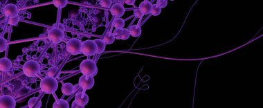 Neon molecular atomic structure background. Round purple connected particles with 3d render abstract streaks in space. Volumetric futuristic biochemical and scientific formula