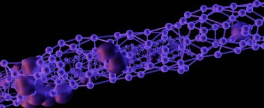 Neon molecular chain of round balls background. Spherical purple connected particles with 3d render abstract streaks in space. Volumetric futuristic biochemical and scientific formula