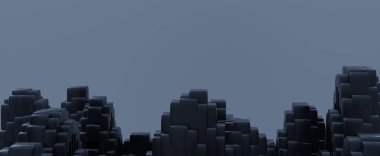 Black cubic mountains on gray background. Polygonal elevations from 3d render of geometric blocks. Buildings made of tiles with digital design
