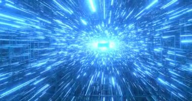 Neon tunnel made of luminous pipes. Abstract hyperjump corridor made of industrial pipes with laser blue illumination 3d render. Bright digital techno art design