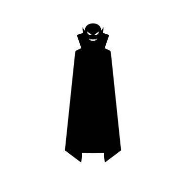 Sinister vampire in long cloak silhouette. Creepy black monster with fangs smiles while hanging in air. Descendant of powerful dracula who went hunting for vector people