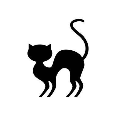 Frightened black cat silhouette. An embittered animal with raised tail rears up. Creep design for halloween holiday and vector art