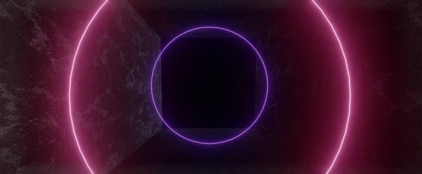 Concrete room with neon circles background. Stone rough walls with 3d render purple glowing rings. Futuristic ring waves pass through an abstract corridor