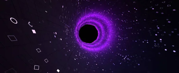 ネオンデジタルトンネルの背景 3Dレンダリング紫色のレーザーランニングシンボルを持つ未来的な輝く廊下 仮想クラウドに接続したグローバルネットワークでのデータの処理と受信 — ストック写真