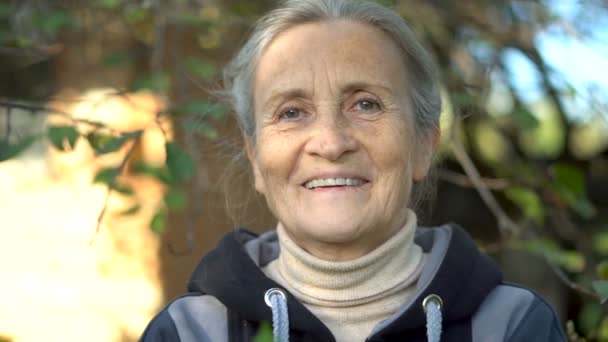 Feliz hermosa mujer mayor está sosteniendo bayas rojas de la rosa guelder y mostrándolos en el jardín cerca del árbol, feliz retiro. — Vídeos de Stock