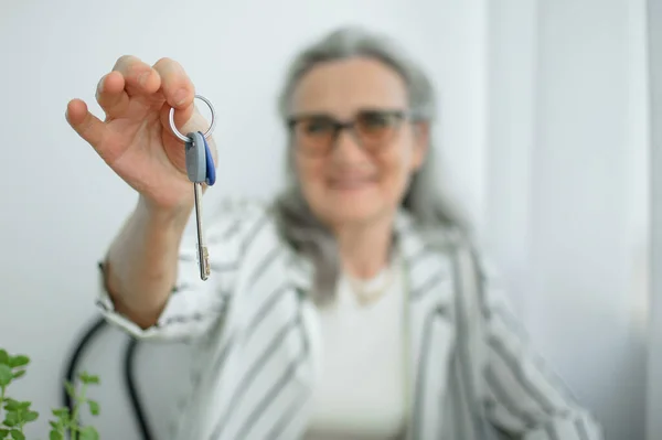 Senior realtor, estate agent makes real estate deal with home buyers, gives the keys frome new house with smile, mortgage loan, leasing service, sale purchase contract concepts Stock Image