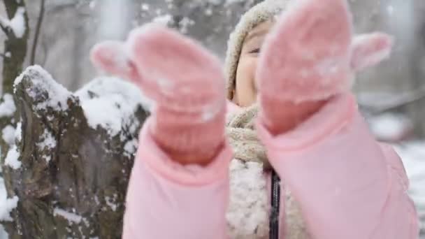 Winterporträt eines kleinen Mädchens in rosa Mantel mit beigem Hut und Fäustlingen, die draußen im verschneiten Winterwald spielen und Schnee pusten. Glückliche Kindheit und aktives Ferienkonzept — Stockvideo