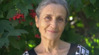 Gri saçlı ve kırışık yüzlü güzel yaşlı büyükanne yeşil ağaç arka planında gülümseme ve mutlulukla kameraya bakıyor. Anneler Günü, mutlu emeklilik.