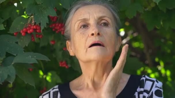 Close-up portret van overstuur senior volwassen vrouw spijt over iets en houdt haar handen dicht bij het hoofd. Negatieve emotie, gezichtsuitdrukking, gevoel — Stockvideo