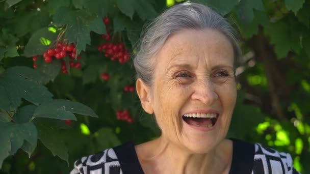 Beautiful old grandmother with grey hair and face with wrinkles is looking at the camera with smile and happyness on green tree background, mothers day, happy retirement — Stock Video