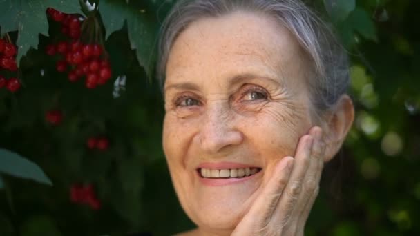 Belle vieille grand-mère aux cheveux gris et visage ridé regarde la caméra avec sourire et bonheur sur fond d'arbre vert, fête des mères, retraite heureuse — Video