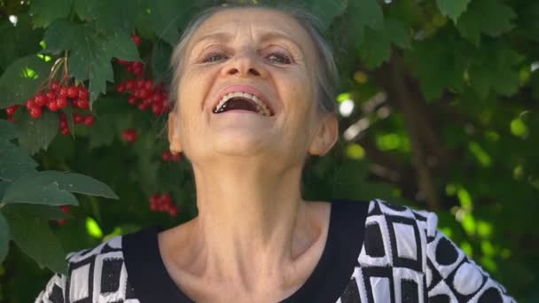 Belle vieille grand-mère aux cheveux gris et visage ridé regarde la caméra avec sourire et bonheur sur fond d'arbre vert, fête des mères, retraite heureuse — Video