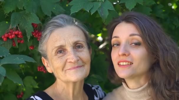Szczęśliwa starsza matka w okularach przytula swoją dorosłą córkę, kobiety cieszą się razem, szczera rodzina w różnym wieku bawiąc się na świeżym powietrzu — Wideo stockowe