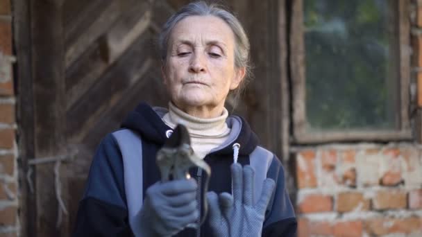 Donna anziana sta ripulendo un potatore giardino per tagliare i cespugli nel suo giardino, felice pensionamento — Video Stock