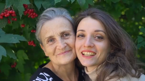 Gelukkig senior moeder in bril is knuffelen haar volwassen dochter, de vrouwen genieten samen, oprechte familie van verschillende leeftijden generaties plezier buiten — Stockvideo