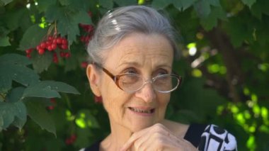 Gri saçlı, kırışık, gözlük takan yaşlı ve güzel bir büyükanne yeşil ağaçta gülümsüyor, anneler günü, mutlu emeklilik.