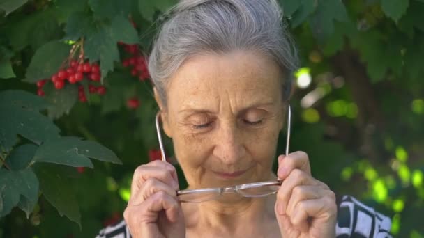 Gyönyörű öreg nagymama ősz hajjal és ráncos arccal néz a kamerába mosollyal és boldogsággal a zöld fa háttér, anyák napja, boldog nyugdíjba vonulás — Stock videók