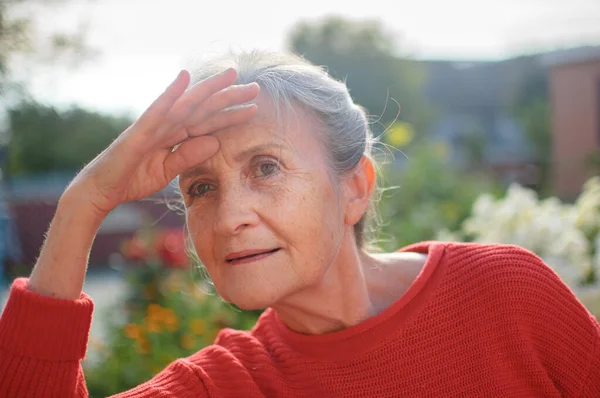 Retrato de mujer mayor con el pelo gris y la cara con arrugas que usan suéter de punto rojo y relajarse en el parque durante el día soleado y en busca de alguien —  Fotos de Stock