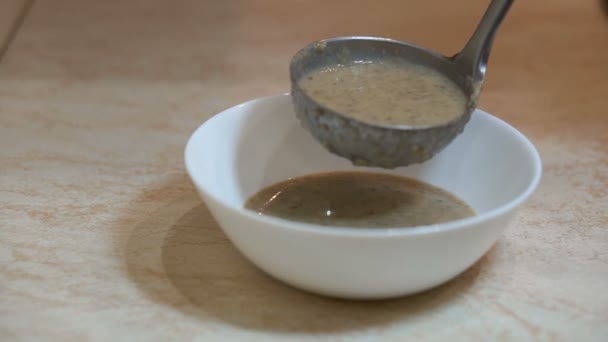 Preparação de sopa de purê de cogumelos na cozinha, processo de derramamento de alimentos em tigela branca usando concha de metal prateado, alimentação saudável — Vídeo de Stock