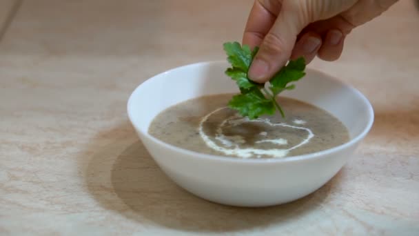 Preparación de sopa de puré de champiñones en la cocina, proceso de adición de hoja de perejil verde al tazón blanco por las manos femeninas, alimentación saludable, concepto de nutrición — Vídeos de Stock