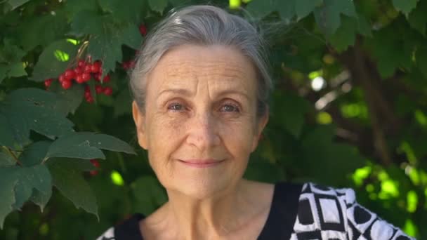 Gyönyörű öreg nagymama ősz hajjal és ráncos arccal néz a kamerába, és kacsint a zöld fa háttér, anyák napja, boldog nyugdíjba vonulás — Stock videók