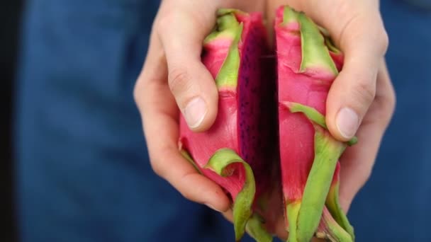 Női kéz kezében friss érett organikus sárkány gyümölcs vagy pitaya, pitahaya. Egzotikus gyümölcsök, egészséges táplálkozás koncepció — Stock videók
