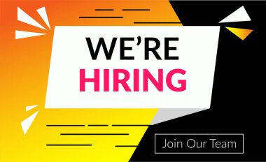 Hiring recruitment open vacancy design info label template. We are hiring join to team announcement lettering in speech bubble chat box vector illustration isolated on yellow background