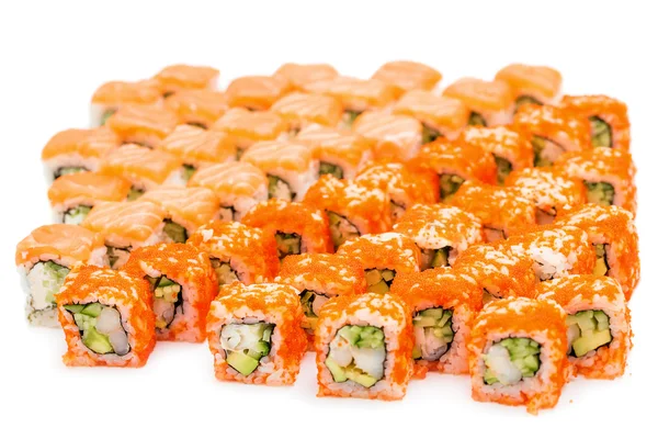 Set di involtino di sushi, con ombre e riflessione su uno schienale bianco — Foto Stock