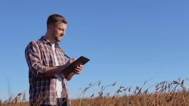 Een landbouwer of agronomist die midden in een rijpe soja zit, maakt vermeldingen in een tablet met documenten — Stockvideo