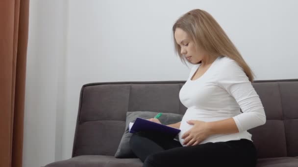 Une femme enceinte à la peau claire note dans un carnet les observations importantes sur la santé et les idées.. — Video