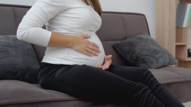 Una donna incinta dalla pelle chiara è seduta su un accogliente divano e accarezza la pancia — Video Stock